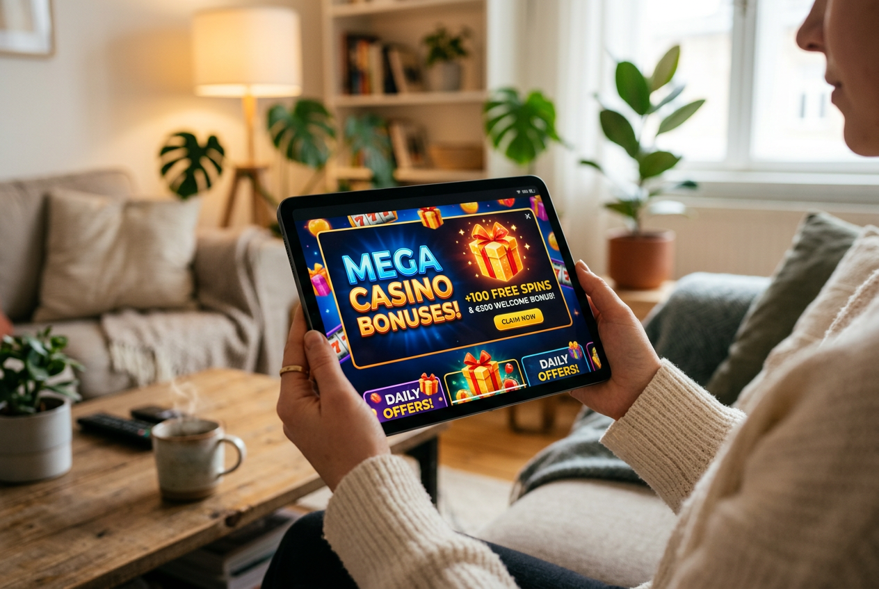 En person som använder en surfplatta för att se färgglada casinobonusar.